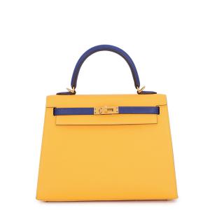 エルメス ハンドバッグ ケリー25 外縫い ジョーヌドール/ブルーロワイヤル/マットゴールド金具 エプソン C刻印 HERMES 2way SPO 中古