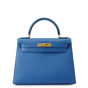 エルメス ハンドバッグ ケリー28 外縫い ブルーフランス/ゴールド金具 クシュベル ○Z刻印 HERMES Kelly 2wayバッグ 中古