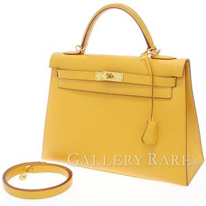 エルメス ハンドバッグ ケリー32 cm 外縫い ジョーヌ×ゴールド金具 クシュベル D刻印 HERMES Kelly バッグ｜gallery-rare