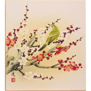 椿に黄鶲、美濃和紙に田中秀光の真作日本画、尺八横、送料無料 椿に黄鶲、美濃和紙に田中秀光の真作日本画、尺八横、送料無料