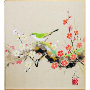 中谷文魚 「 梅に鶯 」(2) 色紙絵　　絵画 日本画 冬 お正月 春 紅白梅 花鳥