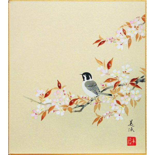 田中美法　『桜に小禽』　色紙絵　　　　絵画 日本画 春 花鳥 ネコポス メール便