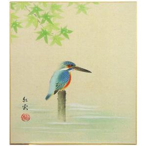 武藤紅雲 「 川蝉 」 色紙絵　　絵画 日本画 夏の色紙 かわせみ カワセミ 翡翠 鳥