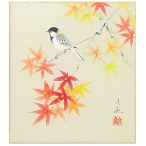 西村欣魚 「 梅に雀 」 色紙絵 絵画 日本画 肉筆 花 紅梅 鳥 冬