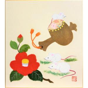 ちぎり絵 干支色紙 ： 子 「 子と小槌 」　　　　貼り絵 工芸 ねずみ鼠 十二支 縁起 椿 こづち 打ち出の小づち かわいい｜gallery-uchida