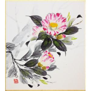 秋田 功 「 福寿草 」 色紙絵 絵画 日本画 肉筆 真筆 手描き 冬
