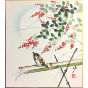 小西春玲 「 紅葉美人 」 色紙絵 絵画 日本画 美人画 秋の色紙