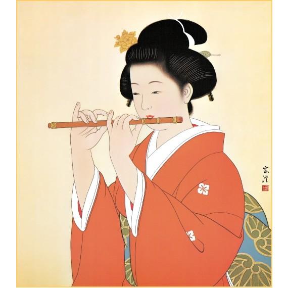 清水玄澄 『笛を吹く娘』 新絹本・複製画色紙絵　　　絵画 日本画 美人画 着物 メール便 ネコポス