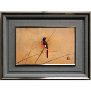 栗原幸彦「孔雀山吹」日本画 絵画 肉筆 手描き 真筆 花鳥 春 扇面 横