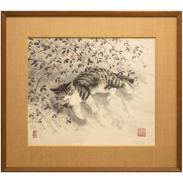 穐月 明「 萩の猫 」墨彩画 F8 ( 8号 )　絵画 日本画 肉筆 手書き 墨絵 ねこ 動物 秋 ...