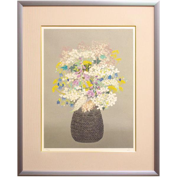 堀 文子 「 高原の花 」 リトグラフ 　　版画 日本画 絵画 花 秋 桔梗 りんどう おみなえし ...