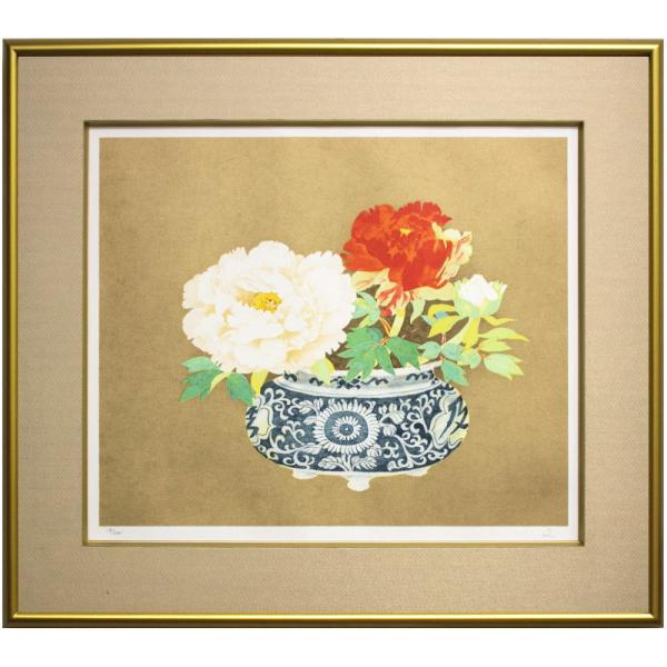 堀 文子 「 牡丹 」 オリジナルリトグラフ ( 石版画 )　　　　版画 日本画 絵画 紅白 花 ぼ...