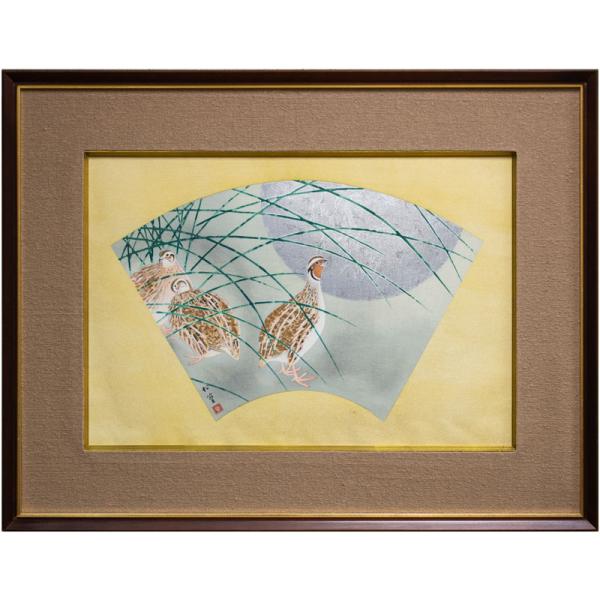 上村松篁 「 月に鶉 」 木版画               版画 日本画 絵画 秋 月 扇面 花鳥...