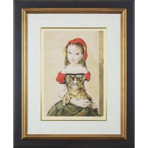 藤田嗣治 「 猫を抱く少女 」 シルクスクリーン 版画 版画 絵画 洋画 女の子 少女 赤 ねこ かわいい フランス パリ フジタ 送料無料