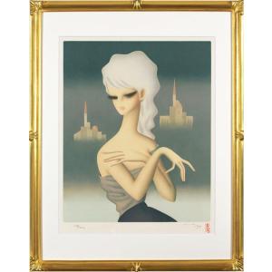 東郷青児 「 二つの城 」 リトグラフ 版画　　絵画 洋画 人物 女性 上品 美人画 お城 人気 送料無料