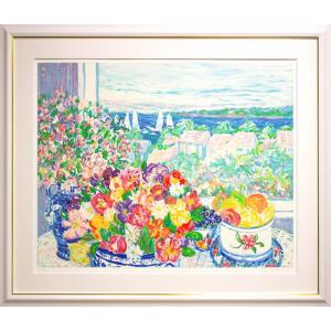 レスリー・セイヤー 「 海の見えるテラスの花 」 シルクスクリーン 版画 　　　版画 絵画 花 明るい かわいい 華やか 送料無料