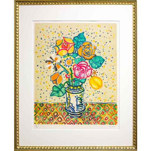ポール ・ アイズピリ 「 ベージュ背景のバラの花束 」 リトグラフ 版画　　版画 絵画 明るい ビ...