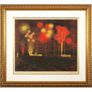 山下 清 「 富田林の花火 」 リトグラフ版画 貼り絵 版画 絵画 裸の大将 大阪 花火大会 夏 赤い 日本の風景 送料無料