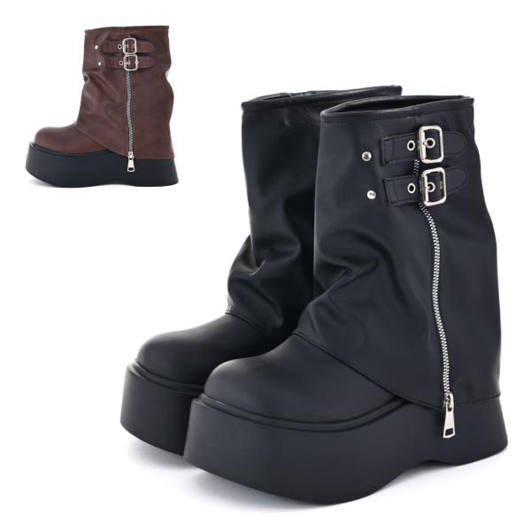 レディース ブーツ 厚底 おでこルーズブーツ カバーブーツ Y2K ミドルブーツ 7.5cmヒール ...