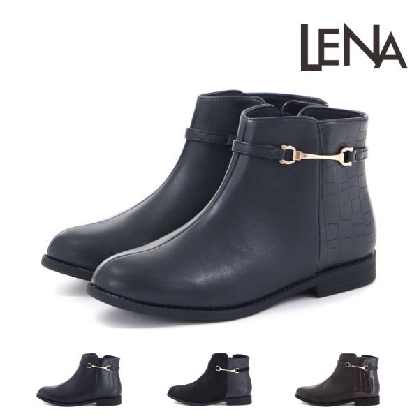 レナ LENA レディース ブーツ サイドファスナー ショートブーツ ローヒール ビット ぺたんこ ...