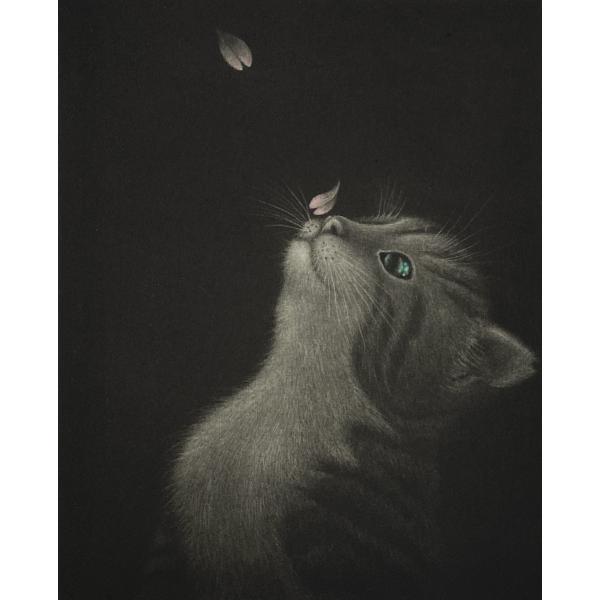 仙北谷和子「Peace」銅版画　メゾチント 額装　猫　花びら 8/50