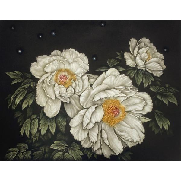 生田宏司「星と牡丹2012」銅版画　カラーメゾチント　額装　宇宙　花
