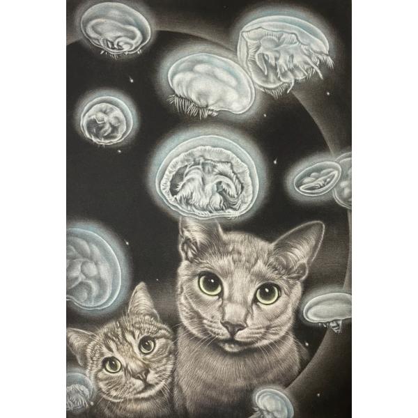 生田宏司「海月館」銅版画　カラーメゾチント　額装　猫　くらげ