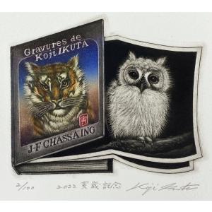 生田宏司「観音孔雀」銅版画 カラーメゾチント 額装 鳥 花