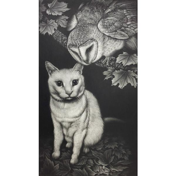 生田宏司「猫と猫頭鷹・出会い」銅版画　カラーメゾチント　額装　ふくろう　猫