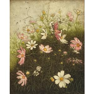 生田宏司「観音孔雀」銅版画 カラーメゾチント 額装 鳥 花