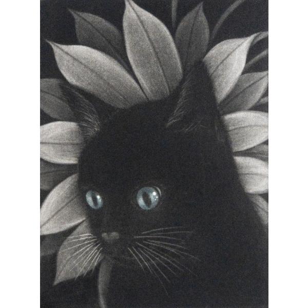仙北谷和子「月下美人」銅版画　メゾチント 額装　猫