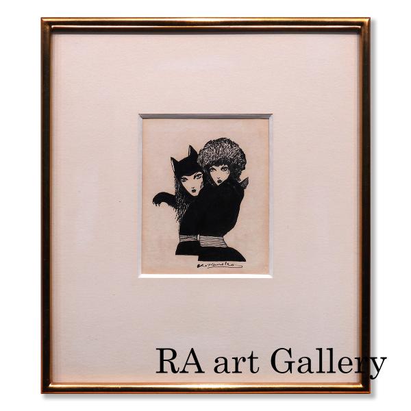 金子國義 女性像 紙にインク 人物画 美人画 超人気作家 1点物 オリジナル 猫 帽子 アート イン...