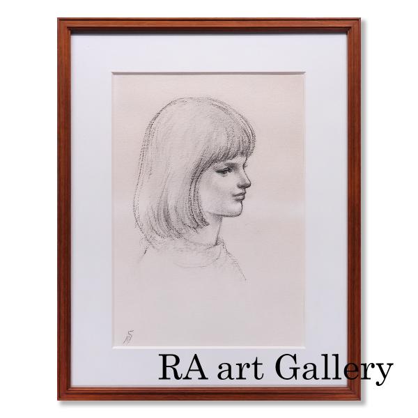 舟越保武 女の顔 紙にコンテ 人物画 女性像 美人画 彫刻家 デッサン クロッキー 作品解説あり ア...