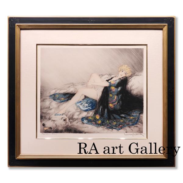 ルイ・イカール シルクのローブ 人物画 作家直筆サイン 女性像 銅版画作品 エッチング 熊 毛皮 ア...