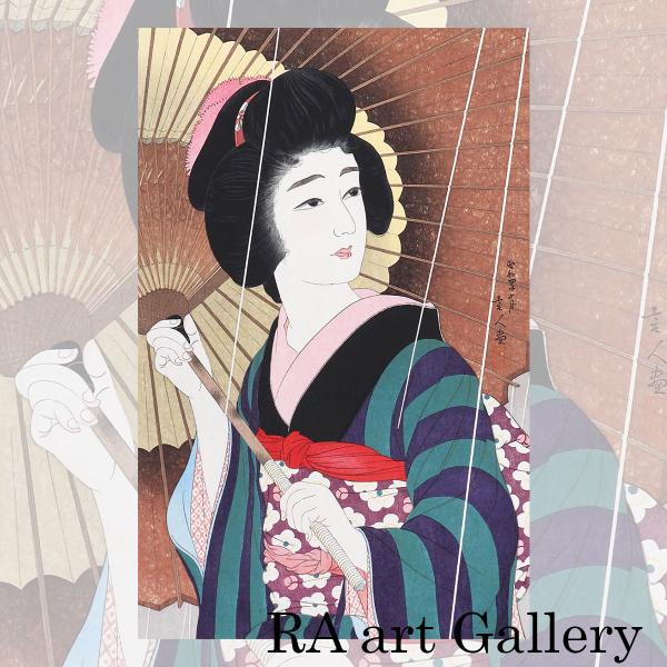 鳥居清忠 雨 おんな十二題より 人物画 美人画 木版画 浮世絵 女性像 美術館収蔵 鳥居言人 新版画...