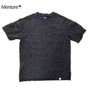 Mentore(メンター) 袖&amp;前身頃リネン地 半袖 Tシャツ ネイビー