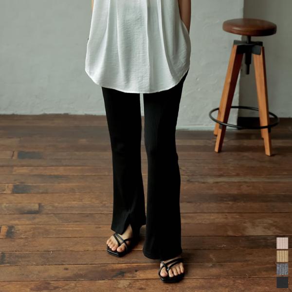 スリットパンツ レディース パンツ フルレングス リブパンツ サマーニット セミフレア ウエストゴム...