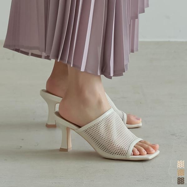 サンダル メッシュサンダル スクエアトゥ ミュールサンダル 7cmヒール 大きいサイズ クッションソ...