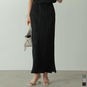 プリーツスカート レディース ロング丈 Iライン ウエストゴム グロッシーサテン ストレッチ シマー アウトシーム 低身長向けサイズ有 2021春
