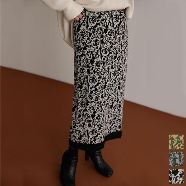 スカート レディース ニットスカート タイトスカート ストレート アラベスク柄 ウエストゴム ストレ...
