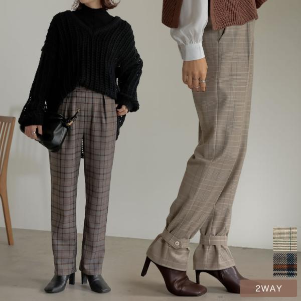 ストレートパンツ レディース センタープレスパンツ チェック柄パンツ 低身長向け 2021秋冬 20...