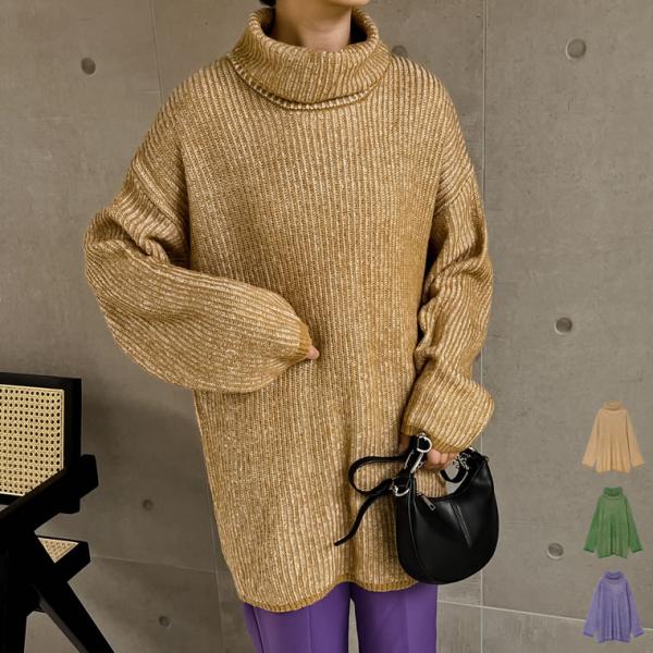 ニット レディース ニットトップス タートルネックニット ロングスリーブ 畦編み チュニック丈 秋冬