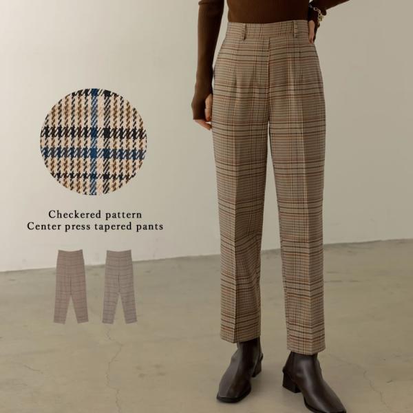 チェック柄パンツ レディース テーパードパンツ パンツ スラックス チェック柄 千鳥柄 低身長向け ...