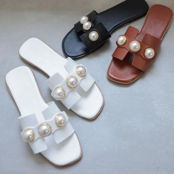 サンダル フラットサンダル フラットシューズ ぺたんこ 靴 シューズ パール 真珠 フェイクレザー ...