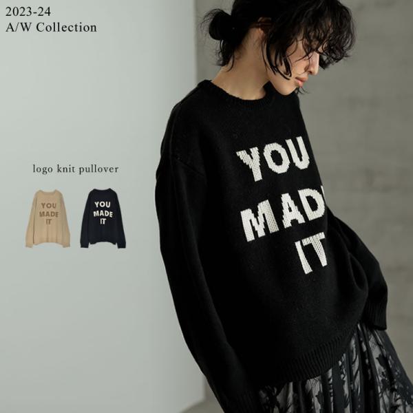 ニットトップス レディース ニット ニットプルオーバー ロゴニット ジャガードロゴ ビッグロゴ ゆっ...