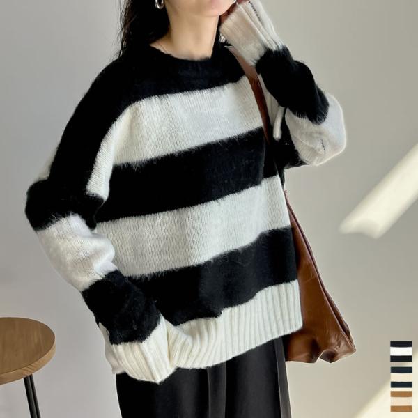 ニット レディース ニットトップス ニットプルオーバー ボーダー ワイドボーダー シャギー シャギー...