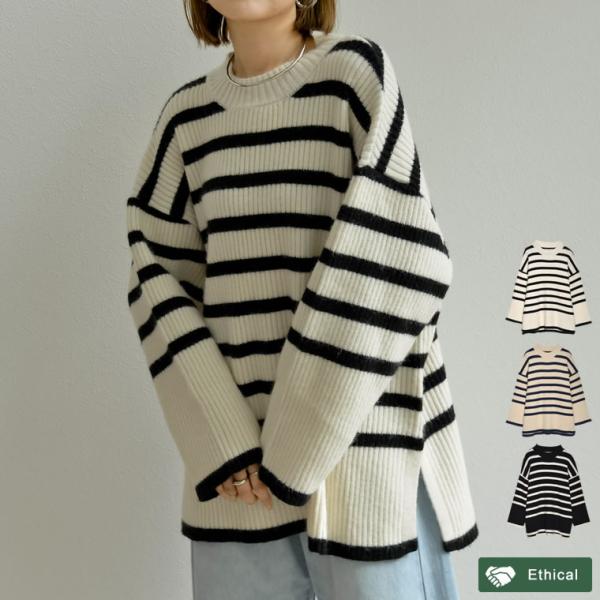 ニット レディース ニットトップス ニットプルオーバー トップス プルオーバー 配色ニット ボーダー...