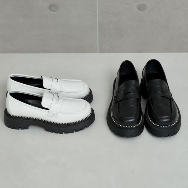 ローファー レディース シューズ 靴 厚底 トラックソール スタッズ 合皮 合成皮革 フェイクレザー...