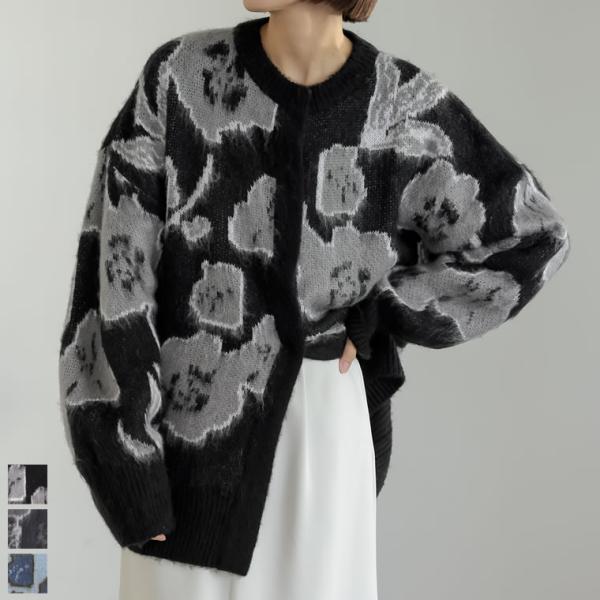 カーディガン レディース ニットカーディガン 羽織り アウター フラワー柄 花柄 ニットコート チュ...