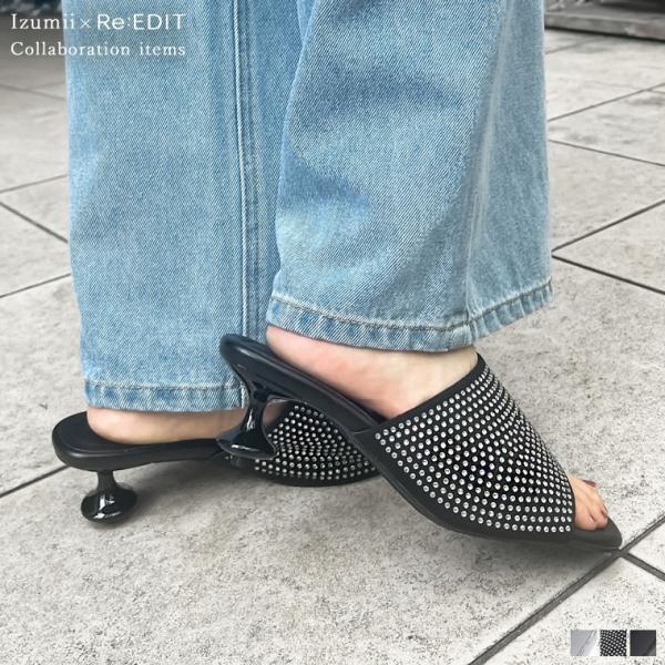 サンダル レディース ミュール 靴 シューズ シルバー メタリック ラインストーン ビジュー ヒール...